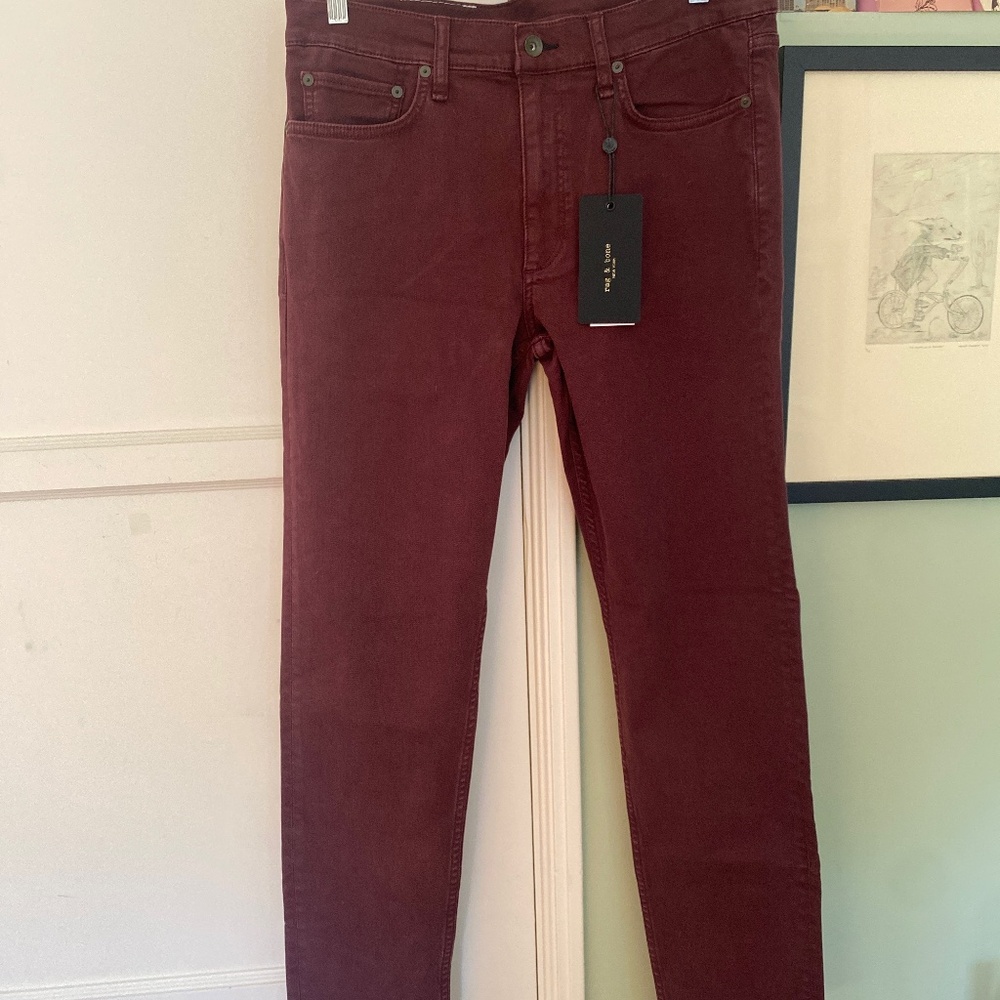 Unused Rag and Bone maroon, slim fit jeans